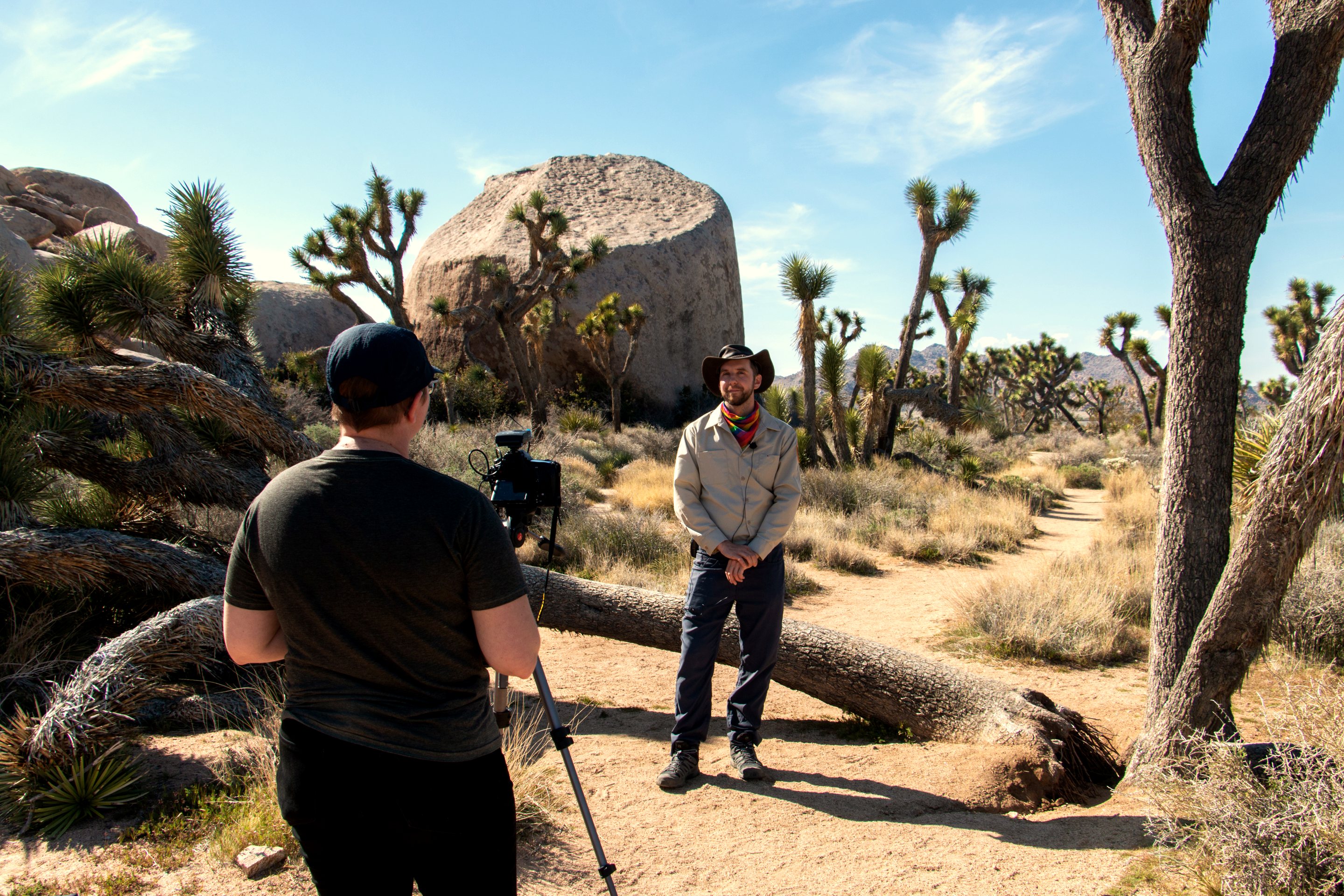 A documentary interview on location — camera rolling